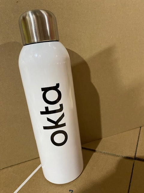 OKTA Bottle (White) with Stainless cap Black OKTA Logo