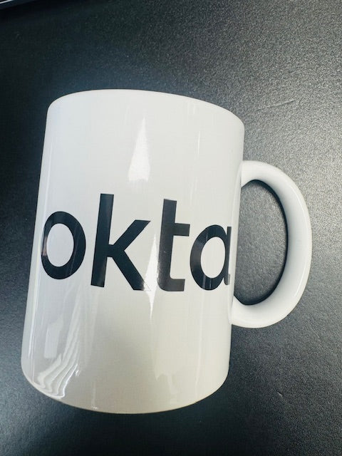 OKTA White Mug with Black Writing